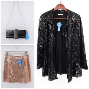 Set Sequin Blazer Skirt Clutch Womens Small Black Pink Starlight New Year Party